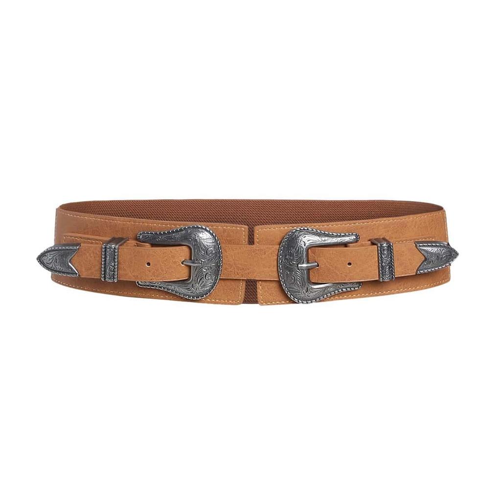 Distressed Retro Double Buckle Elastic Waist Belt - Adjustable Fashion Denim for Women
