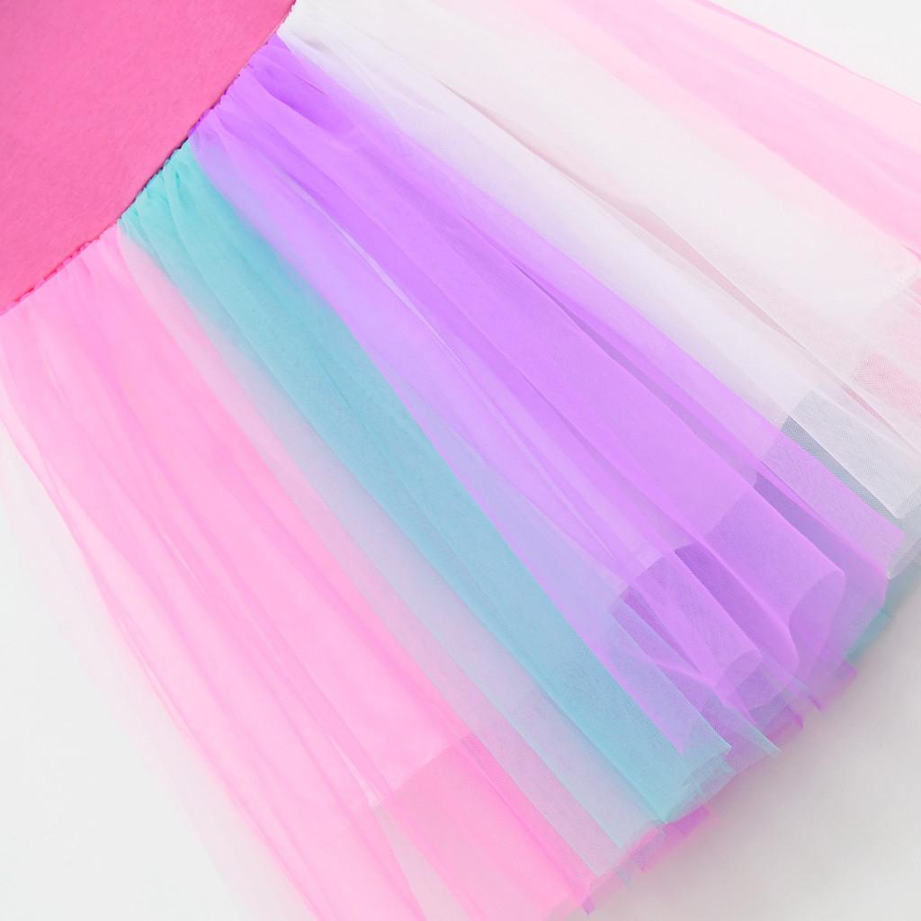 Kids Girls K-POP Rumi Zoey Mira Print Mesh Rainbow Round Neck Short Sleeves Casual Cotton Dress
