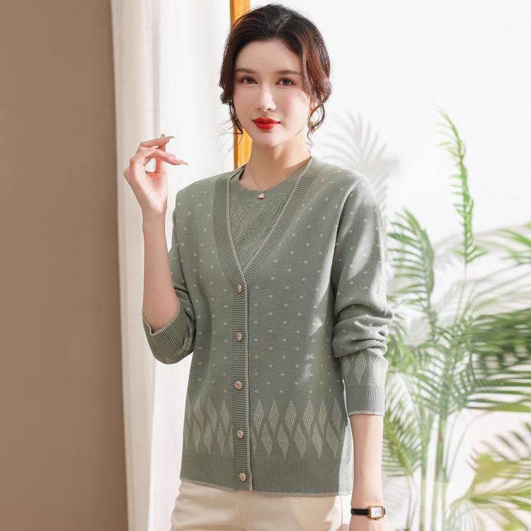 Spring Dress Fashionable Knitted Two-piece Suit Mother Spring and Autumn Short-sleeved T-shirt Middle-aged Women's Temperament Cardigan