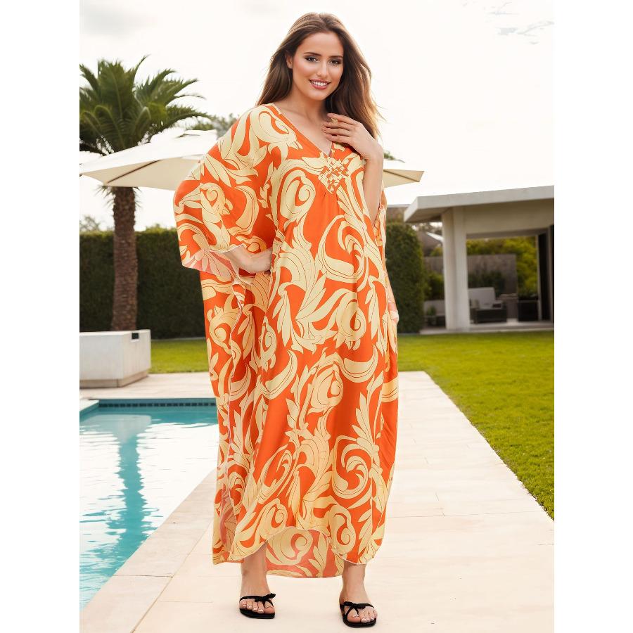 Women's Flowy Beach Maxi Dress Long Kaftan with Chest Weave Cutout, Boho Swim Cover Up 1012