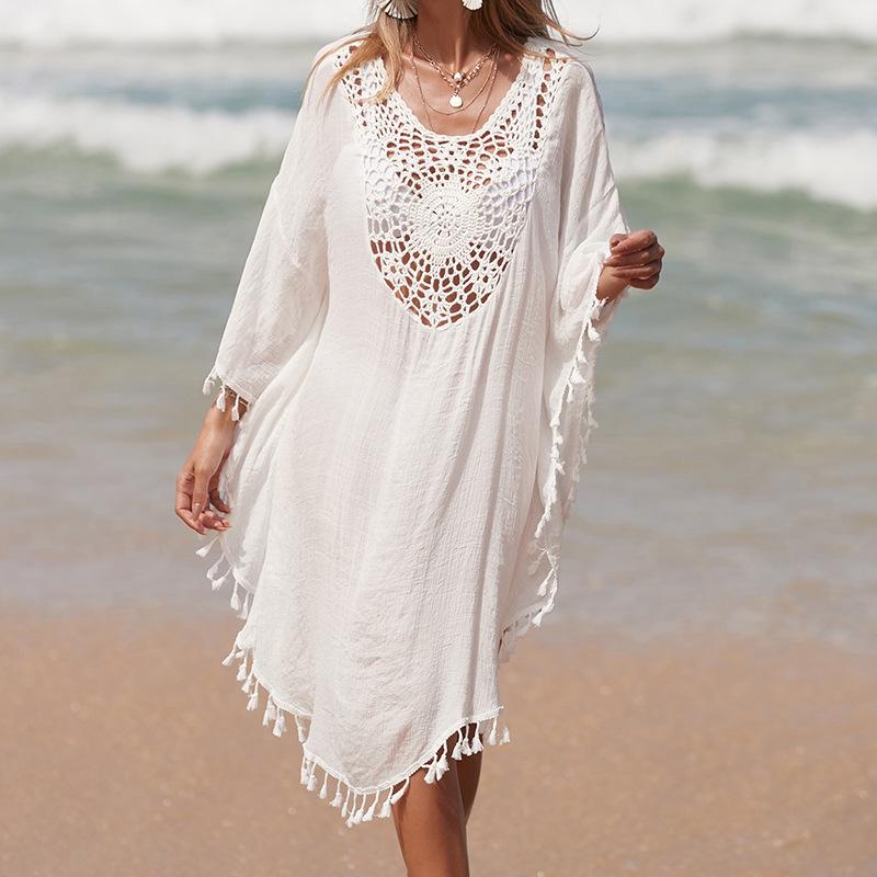 Cross-border Holiday Crochet Patchwork Tassel Beach Skirt and Sun Protection Cardigan Cover-up