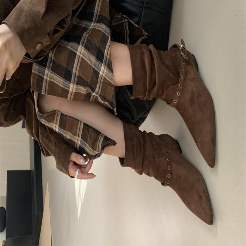 2025 autumn European and American pointed tall tube thin belt buckle knee knight boots western spice girl knight boots