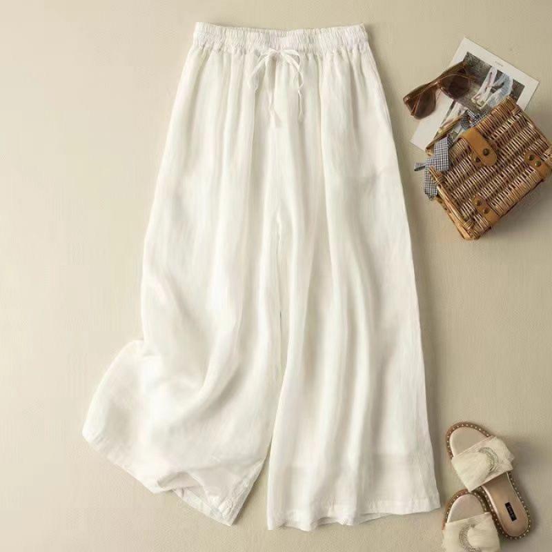 Women Spring Summer Chinese Style Cotton Linen Wide Leg Pants Retro Draped Loose Slim Casual Trousers
