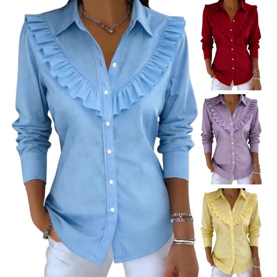Women Shirt Lapel Long Sleeve Ruffle Decor Shirt Tops Pure Color Loose Fit Buttons Placket Casual Shirt Work Party Vacation Wear