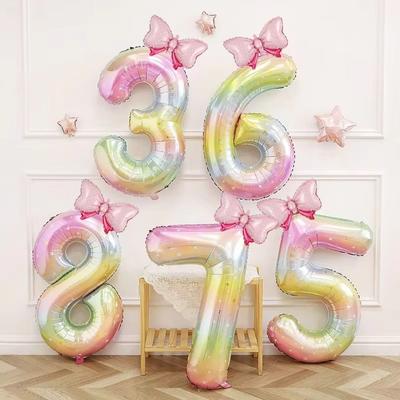New 40Inch Birthday Number Ballons Colorful Gradient 0-9 Digit Pink Bownot Balloons Foil Helium Balloon Birthday Decorations