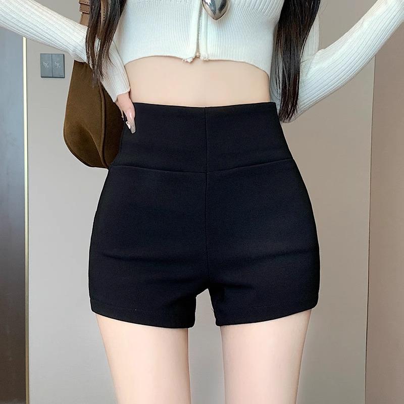 

Женские шорты с высокой талией, черные эластичные - Осень 2024, леггинсы, облегающие бедра, шорты Medium чёрный