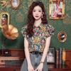 Qooth Women Summer Vintage Floral Ruffled Collar Blouse Hong Kong Style Short Sleeves Blouse QT2648