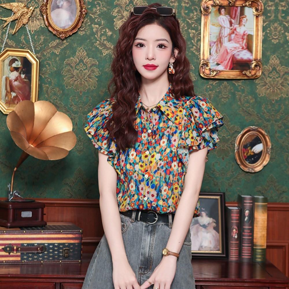 Qooth Women Summer Vintage Floral Ruffled Collar Blouse Hong Kong Style Short Sleeves Blouse QT2648