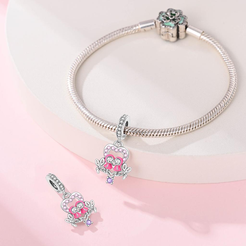 Charms Original Copper Pink Sister'S Heart Pendant Beads Fit Bracelet Diy Fine Gift Women Delicate Jewelry Accessor