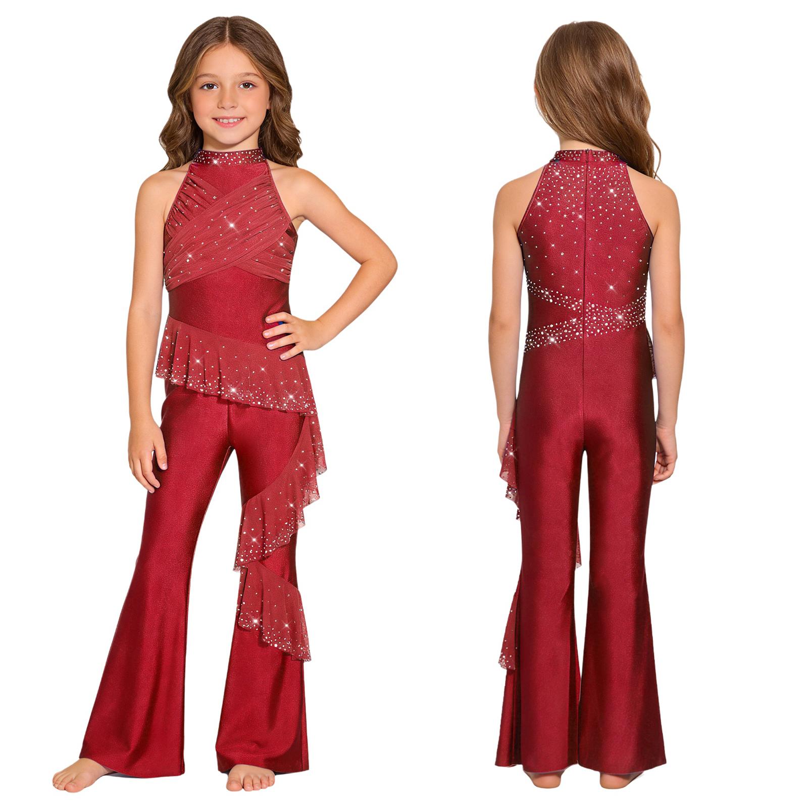 

Girls Sparkling Rhinestones Dance Jumpsuit: Sleeveless Ruched Mesh Ruffles Bell-Bottom Bodysuit for Stage Performance 5-6 Years бордовый