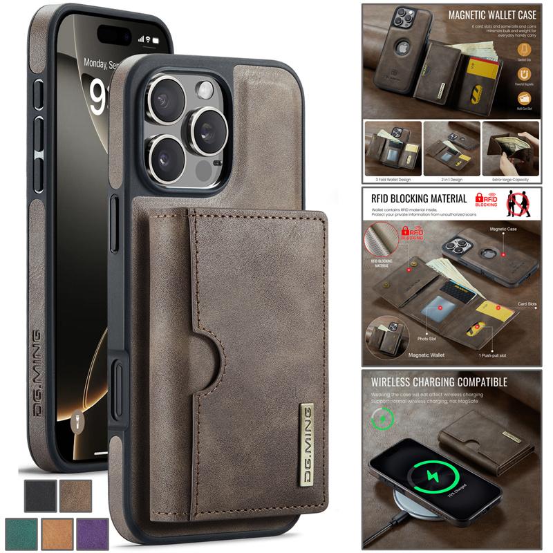 IPhone 17 Pro Max Air 16E 16 Plus 15 14 13 12 11 için Kablosuz Şarj Manyetik Kapaklı Deri Telefon Kılıfı 2'si 1 Arada Çıkarılabilir Cüzdan Kart Bölmeli Arka Kapak