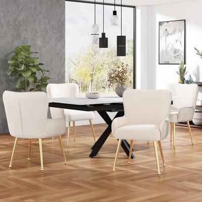 Velvet Dining Chair, Set of 4, Luxurious, Living Room, Bedroom, Lounge, Four Golden Metal Legs, Armrests, Adjustable Feet, Lumbar Support, Beige