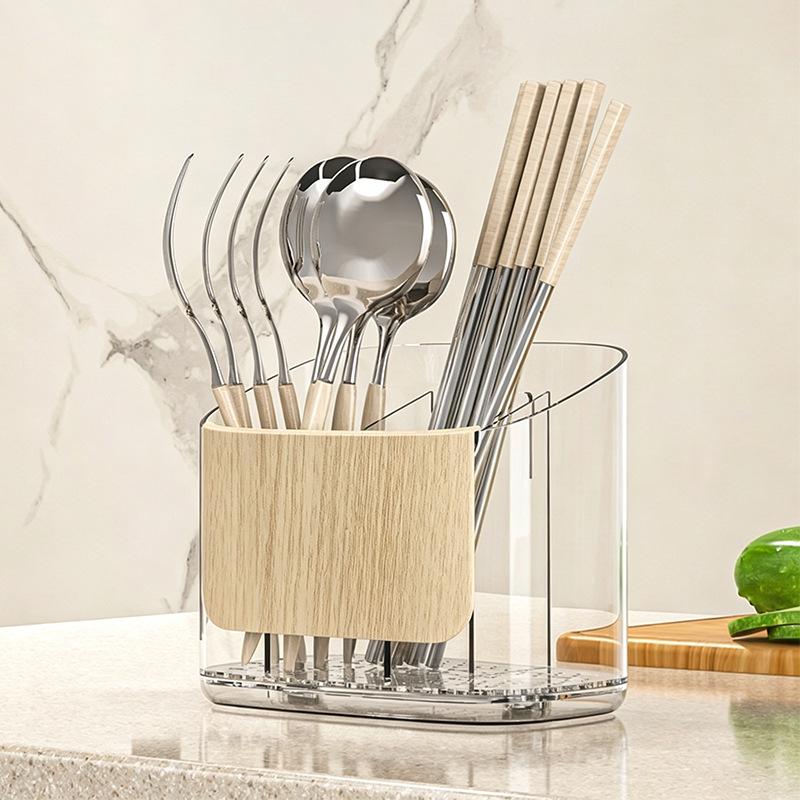 Bamboo Wood Grain Chopstick Holder with Draining Rack