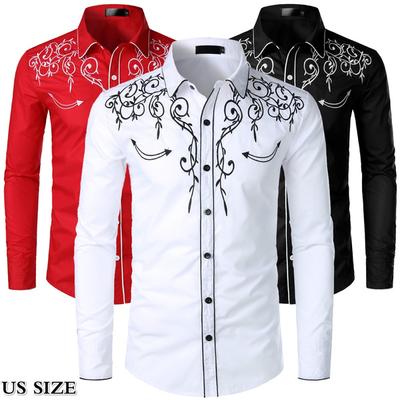 Camisa bordada de vaquero occidental para hombre Camisas de fiesta con botones de manga larga informales ajustadas S-2XL