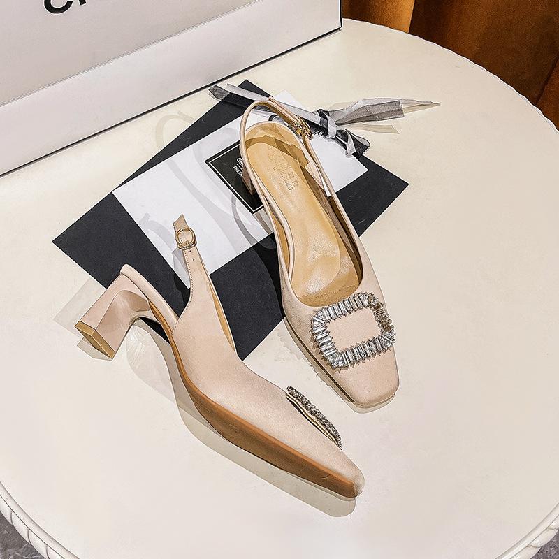 Baotou Sandals Women's Thick Heel 2025 New Rhinestone Buckle Empty Single Shoes Middle Heel Summer Word with Square Head High Heels