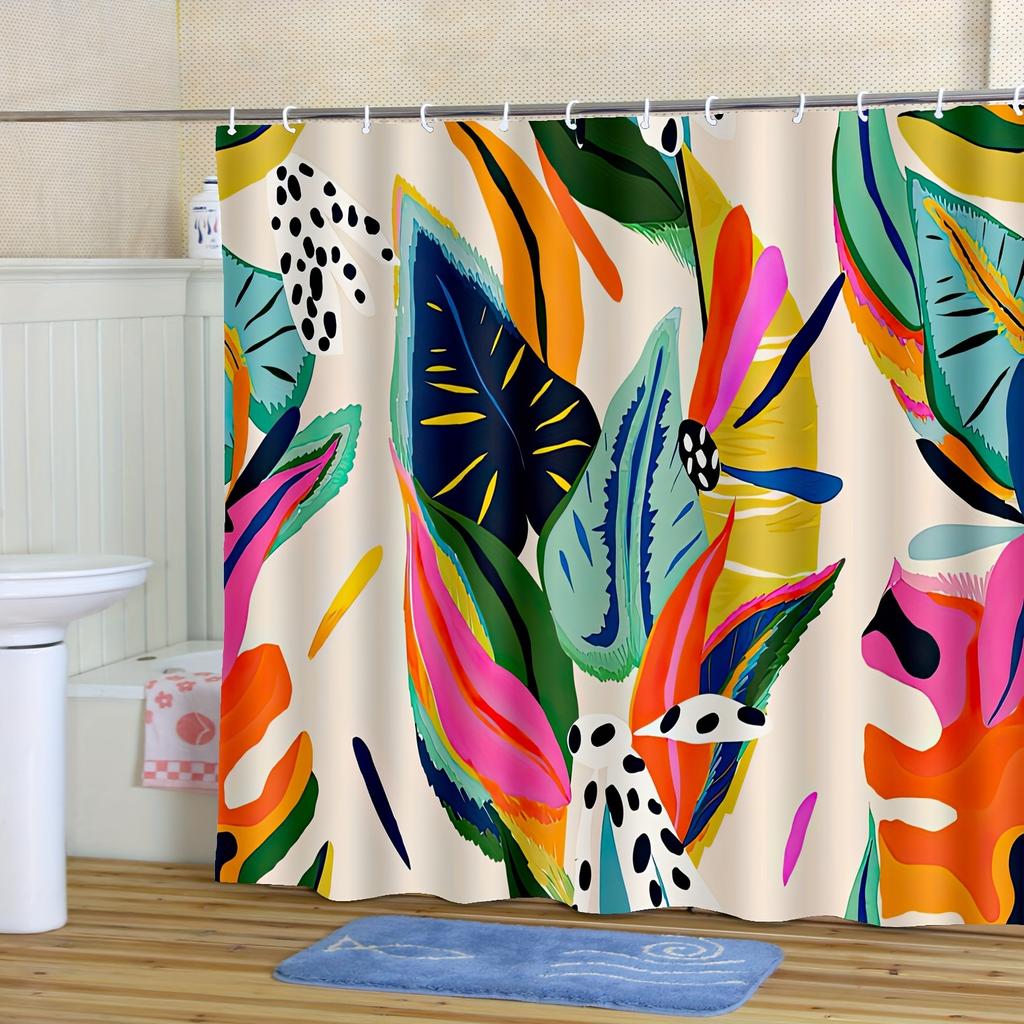 [Vibrant Shower Curtain] Vibrant YWJHUI Tropical Leaf Print Shower Curtain, Machine Washable Polyester, Colorful Retro Design