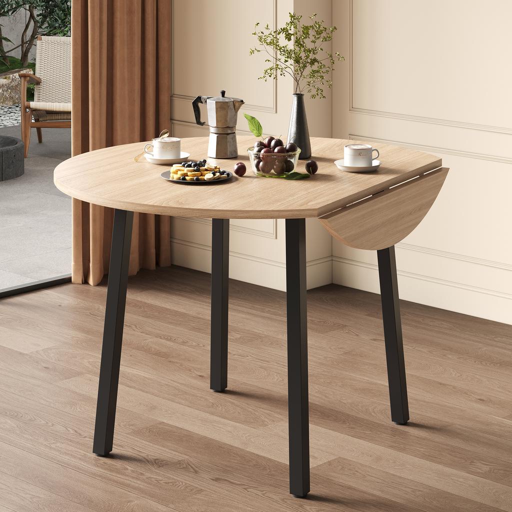 Folding Dining Table, 100 x 100 cm, suitable for 2-4 people, round, metal legs, foldable tabletop, suitable for small apartments, oak color