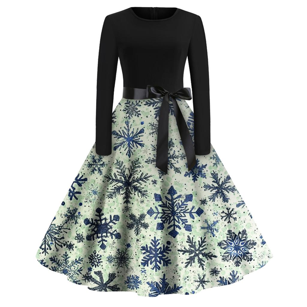 Christmas Print Flare Dress For Women Long Sleeve Dress Hollow Party Casual Dresses