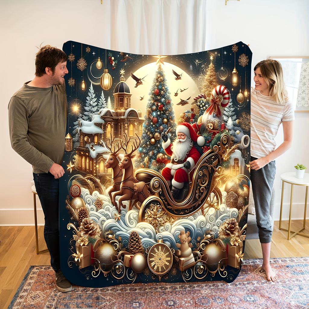 Santa & Reindeer Christmas Blanket - Festive Flannel Throw with Tree/Sleigh Print, Cozy All-Season Gift for Sofa/Bed/Travel