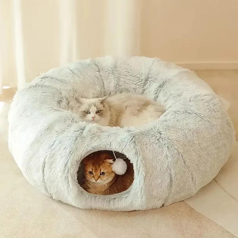 Indoor Plush Cat Bed With Tunnel For Cats Multifunctional Cat Tunnel Bed With Peephole Fluffy Donut Cat Bed With Tunnel