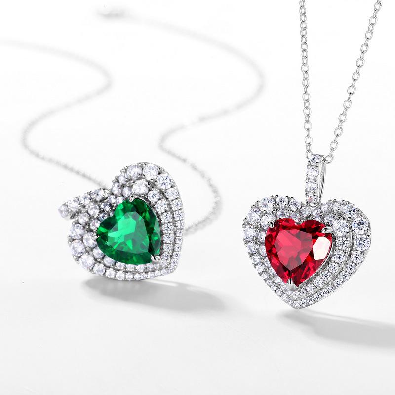 S925 Silver Lab-Grown Emerald Heart Pendant: Retro European-American Style Necklace for Women