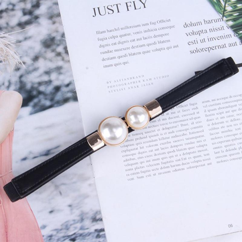 Creative Pearl Buckle Belt Pu Leather Dress Skirt Waist Elastic Thin Women Belts Ladies Waistband