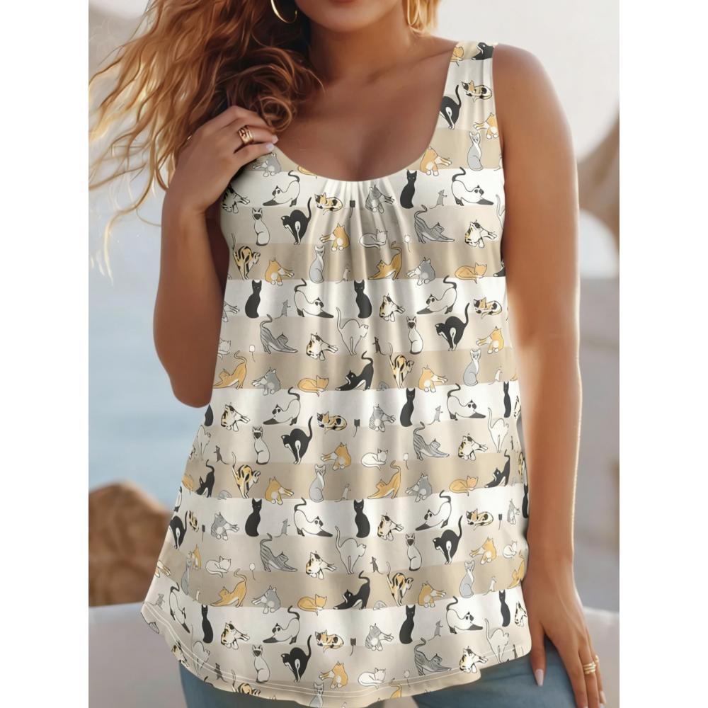 Summer Women's Large Size 3D Colorful Printing Vest Loose Fashionable Comfortable Soft Breathable O Neck Sleeveless Vest