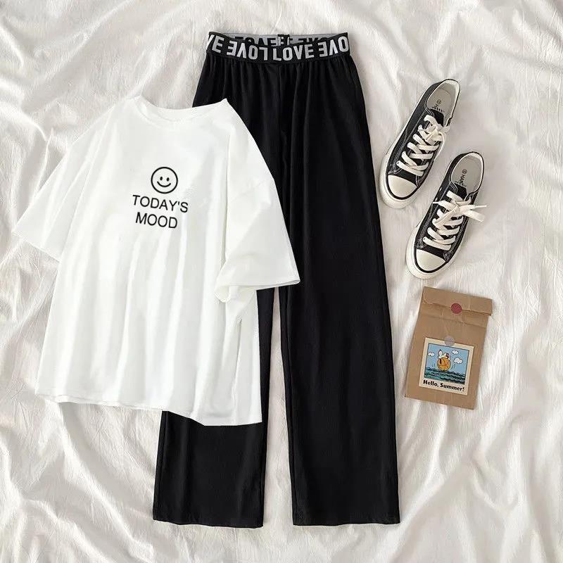 Summer 2026 Kids Korean Style Casual Set - Girls Letter Top & Wide-Leg Pants 120 cm
