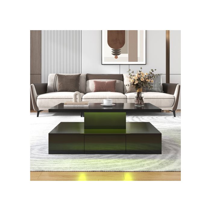 Konferenční stolek, stolek se zásuvkami, vysoký lesk, odkládací stolek se dvěma úrovněmi pro ukládání. S LED světlem