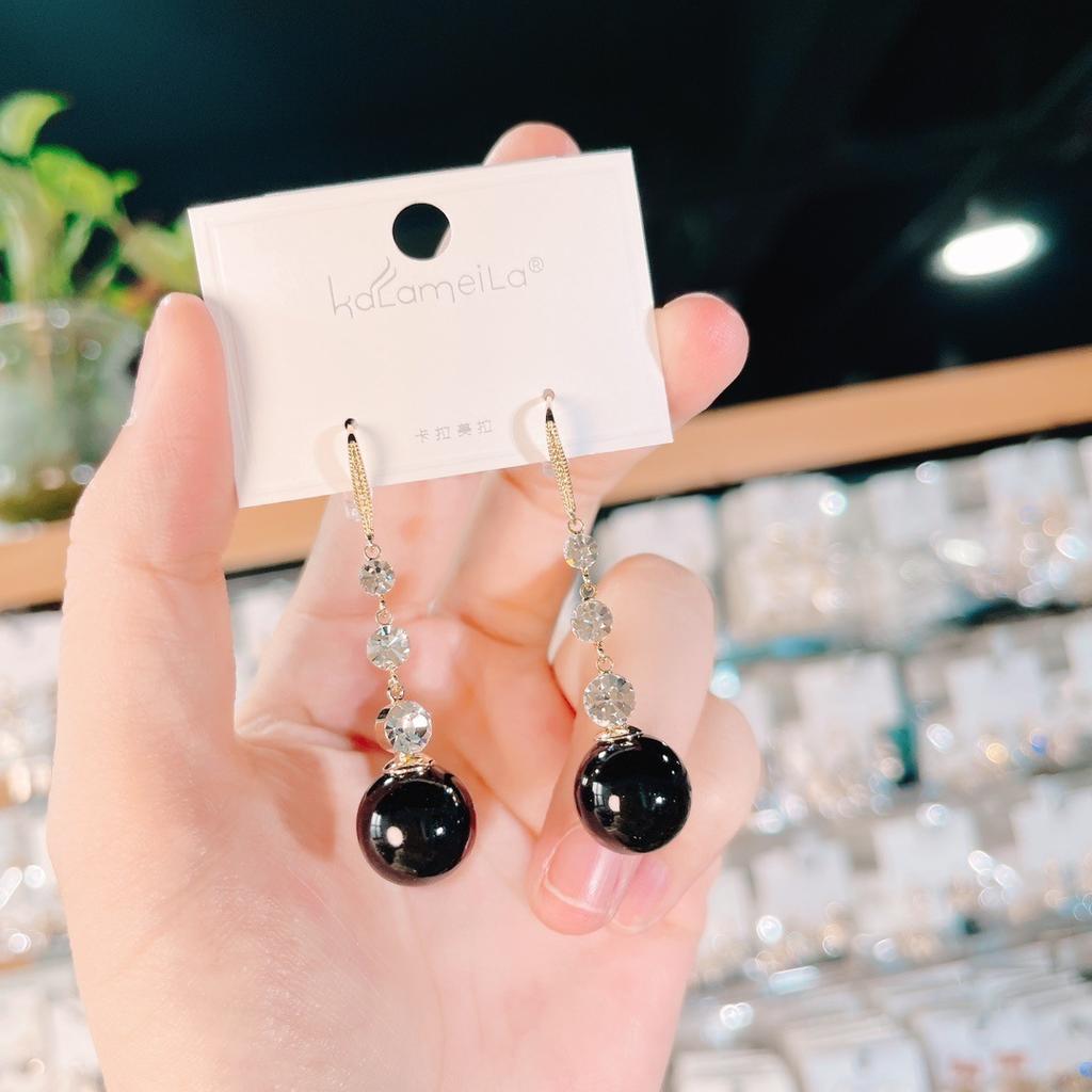 2023 New Inlaid Zircon Long Tassel Black Pearl Earrings Women's Personality Fashion Earrings Wedding Birthday Gifts