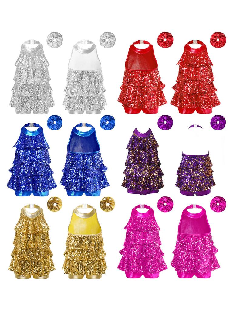 Girls Jazz Latin Dance Costume Halter Leotard with Shiny Sequins Ruffles & Metallic Hair Band