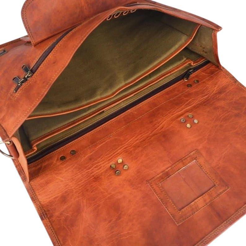 Handmade Vintage Leather Messenger Bag – Full Grain Leather Briefcase Satchel with Multiple Pockets, Adjustable Straps & Canvas Lining
