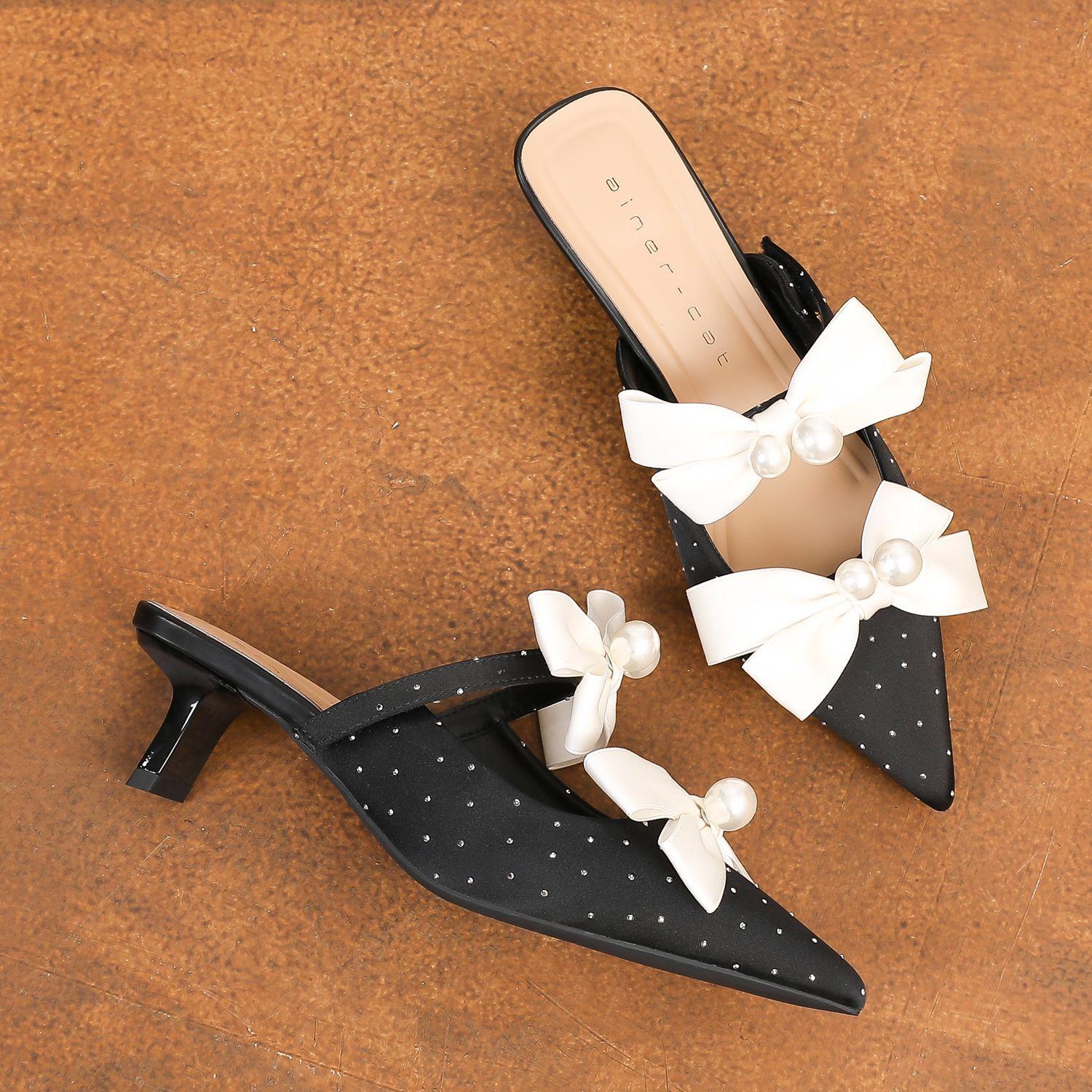 

59012 high heels women s thick heel 2025 new pointed rear empty cool slippers temperament pearl bow single shoes 34