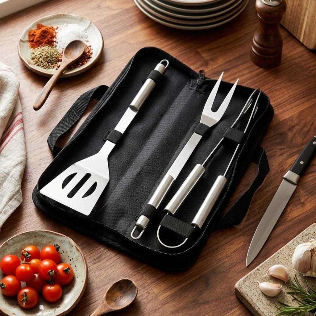 SET OF 3 STEEL BBQ UTENSILS IN A CASE 489424