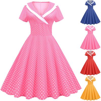 Ladies Fashion V-neck Casual Short Sleeve Polka Dot Print Dress Slim Retro Dress Dress
