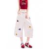 Casual Retro Cartoon Flocking Embroidered Tooling Cropped Pants Women's Summer New Loose Casual Wide-leg Shorts