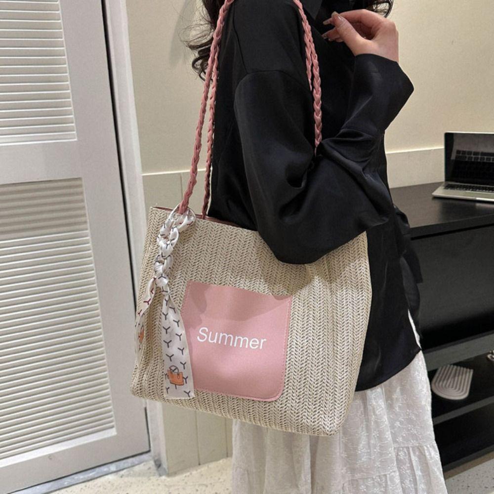 Balletcore Beach Shoulder Bag Ribbon Women Handbag Simple Straw Woven Tote Bag  Travel