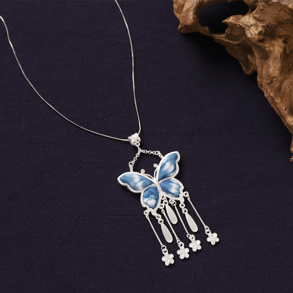 Ethnic style handmade necklace, vintage butterfly pendant, Chinese-style sweater chain