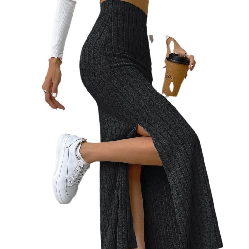 Fashion High Waist Side Slit Slim Knit Midi Skirt For Women