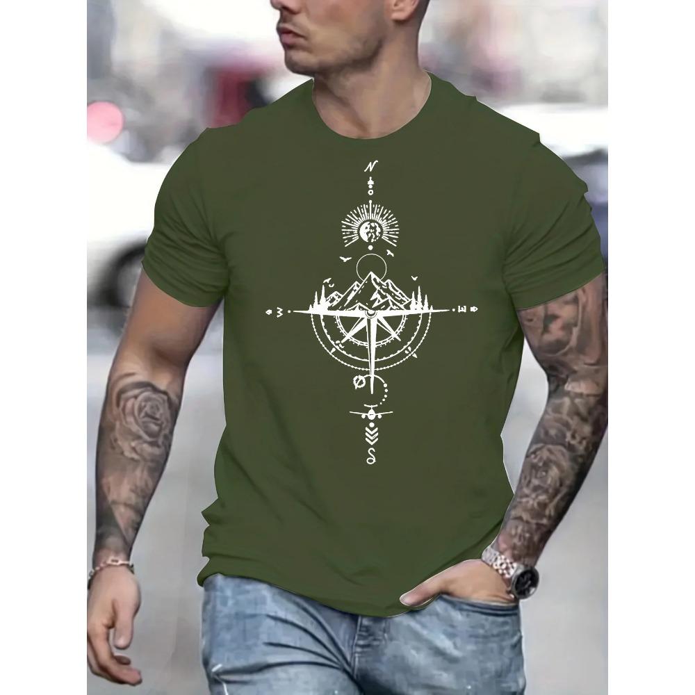 Men's summer 100 cotton fashionable casual sports loose mountain and compass pattern printed round neck short sleeved T-shirt