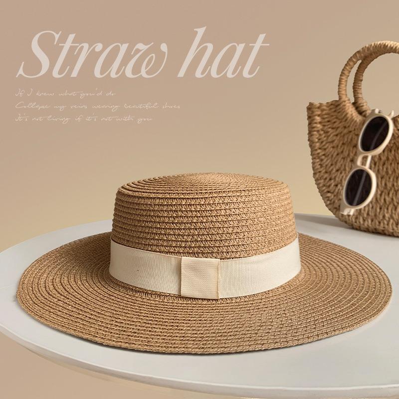 Flat top sunshade straw hat women's straw hat casual wind summer sun protection seaside vacation photo beach hat