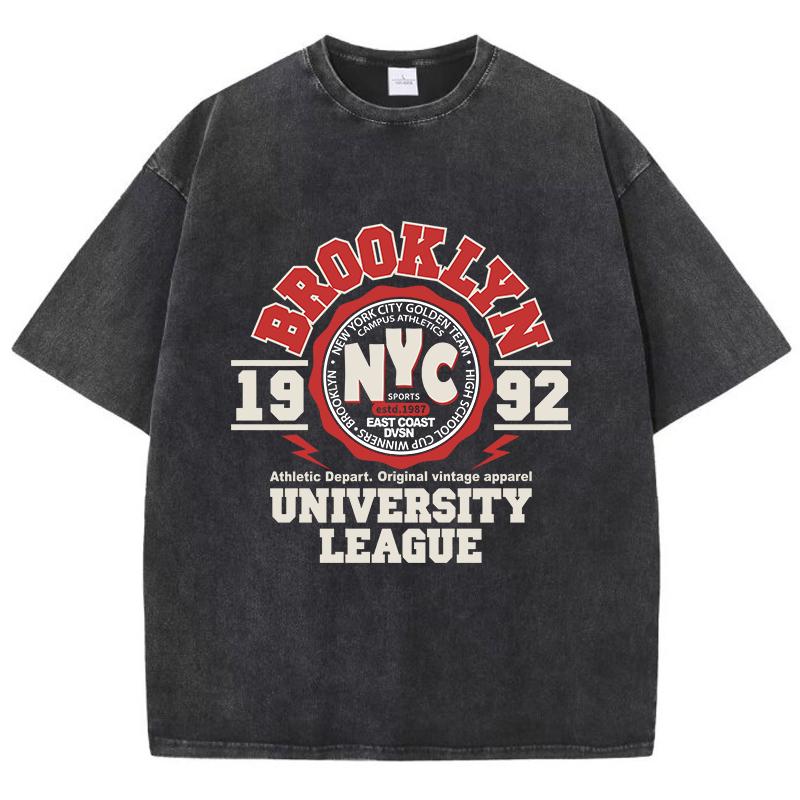 Womens Acid Wash T-Shirts Brooklyn University League Printing Tees Distressed Oversize Cotton Short Sleeve Trend Clothes