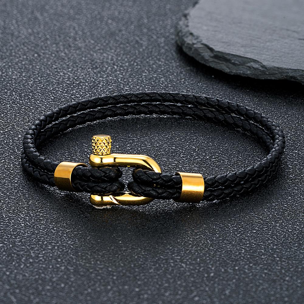 Gold Plated Stainless Steel Shackle Bracelet Men Women Simple Double Layer Braided Blue Leather Bracelets Handmade Gifts