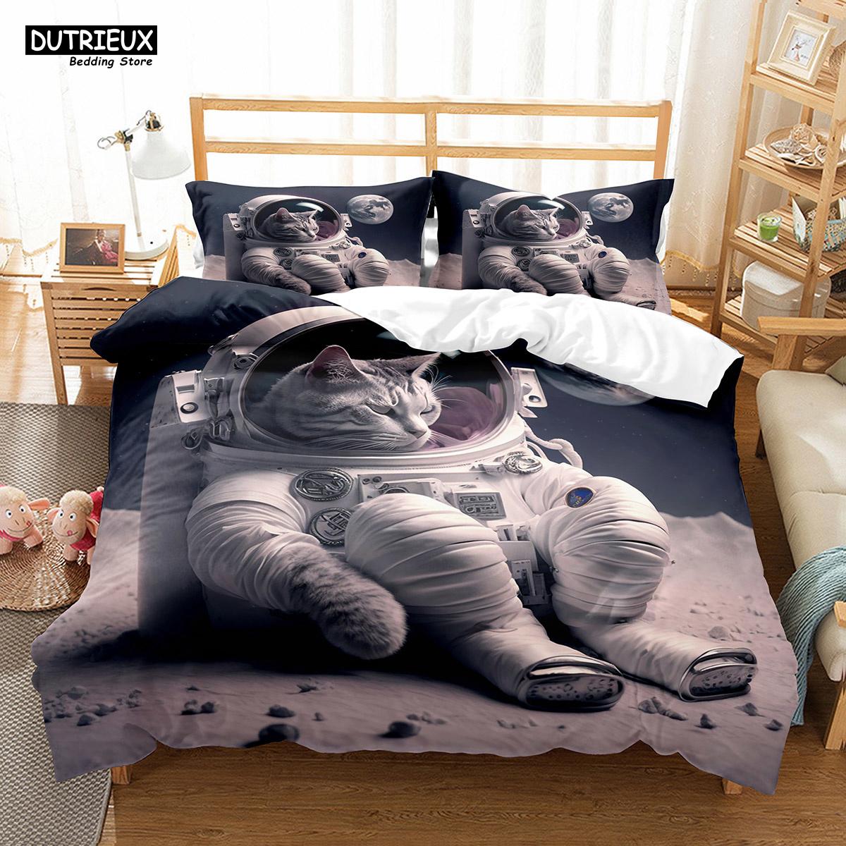 

Space Cat King Queen Duvet Cover Cute Astronaut Kitty Bedding Set Universe Pet Animal Dog Quilt Cover Polyester Comforter Cover (135x200cm)