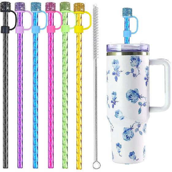 12 Pack Replacement Swirl Straws and Diamond Straw Cover for Stanley Tumbler Cups, with Cleaning Brush, Compatible with 40 oz Stanley Water Jug, 12