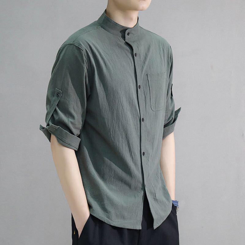 Men's Summer Korean Style Cotton-Linen Slim Fit Linen Shirt with Five-Point Sleeves.