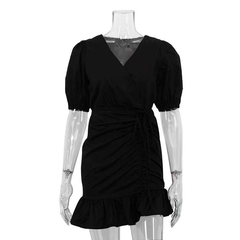 

New French style Frill Sexy V-neck Puff sleeve Drawstring High Waist Dress Bubble Sleeve Dress Black S