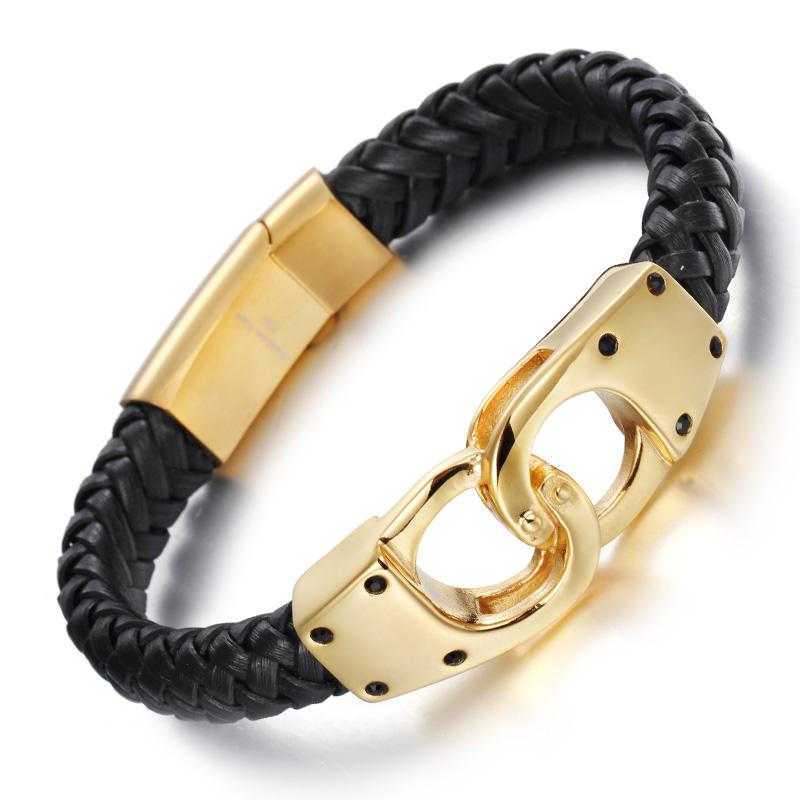 Kalen Italian Gold Color Handcuff Leather Bracelets for Men Fashion Stainless Steel 22CM Cheap Braided Leather Bracelets Jewelry 22.5CM