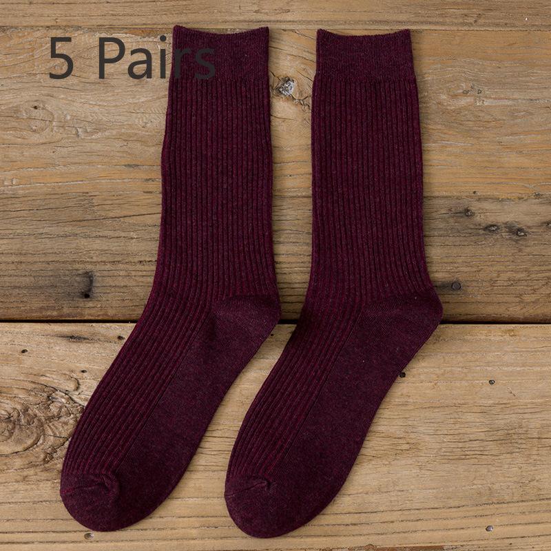

5 пар мужских весенних и осенних однотонных хлопковых впитывающих пот и дышащих вертикальных деловых повседневных носков до середины икры 5 Pairs бордовый