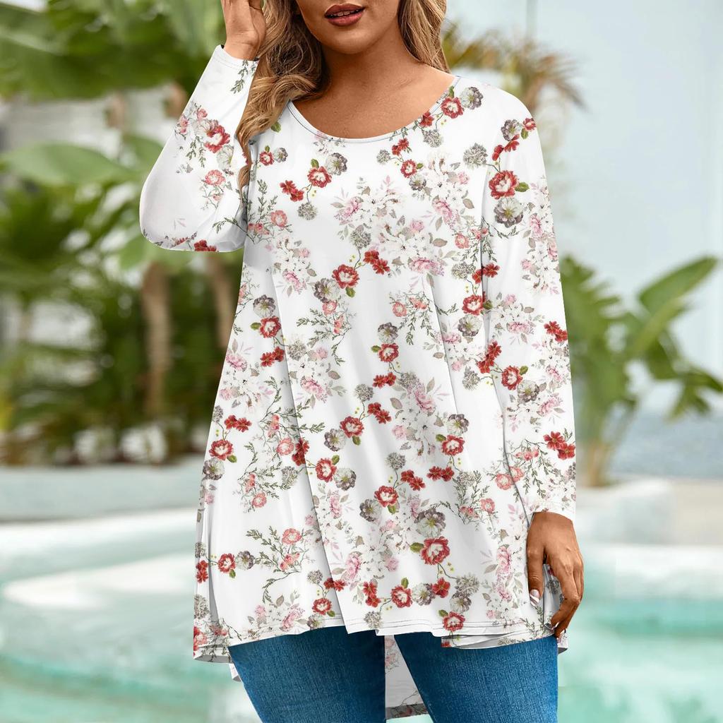 Women's Fashion Large Size Round Neck Long Sleeve Casual Print Loose Pullover Top
